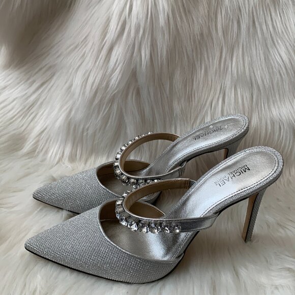 MICHAEL KORS Jessa Embellished Glitter Mesh Mule in Silver Sz 8 - Picture 1 of 5